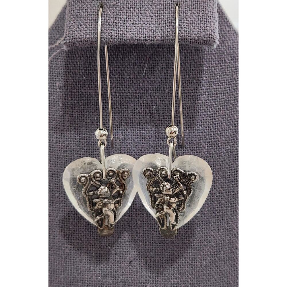 VTG Silver Cherubs With Acrylic Heart Dangle Hook Earrings Lightweight 3"